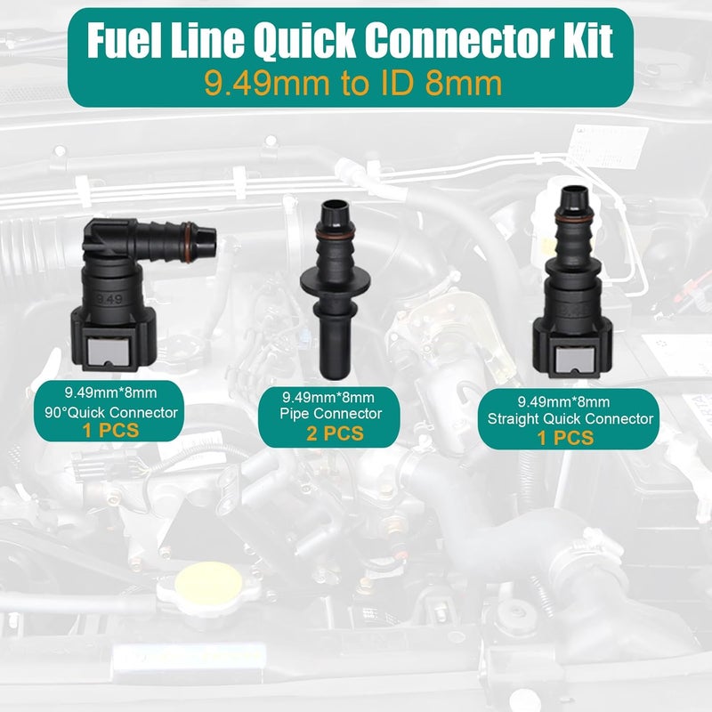 Dekiphox 2 Sets Fuel Line Quick Connect, Push-On Release Hose Connectors Straight & Elbow Pipe Connector Fittings SAE 9.49mm to ID 8mm - Image 2
